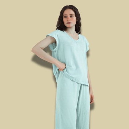Henley V-Neck Sleepover Top – C Green | Densha Store